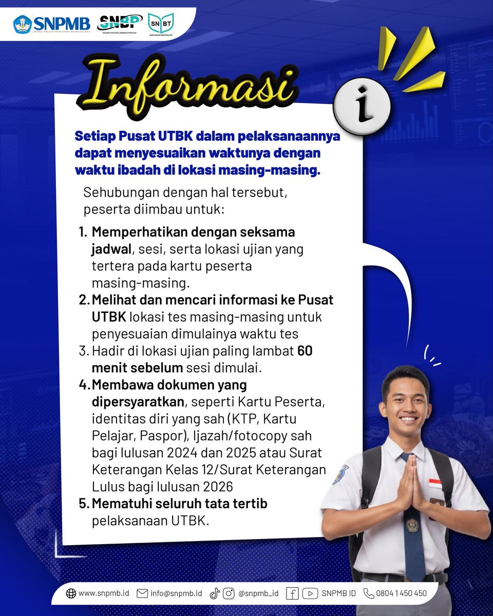 snpmb_id's tweet photo. Halo Sobat Biru ๐ #CalonMahasiswaIndonesia
Waktu pelaksanaan UTBK 2026 sudah ditetapkan. Pastikan kamu mencatat jadwalnya dengan baik dan mempersiapkan diri dari sekarang ya!
Siap, fokus, dan berikan yang terbaik!
#UTBK2026 #SNBT2026 #InfoUTBK #PersiapanUTBK https://t.co/HgJFhAQFTE