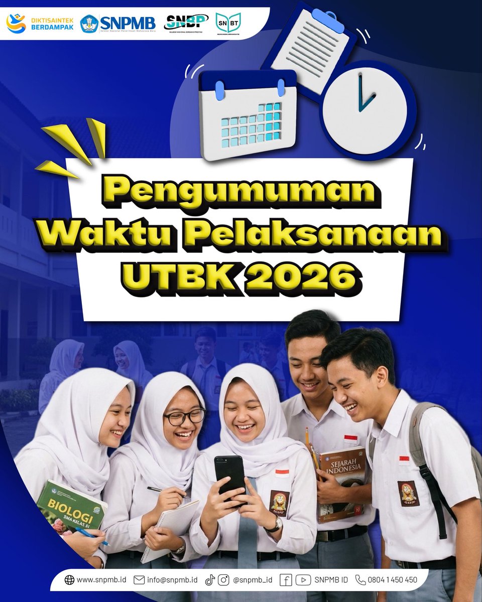 snpmb_id's tweet photo. Halo Sobat Biru ๐ #CalonMahasiswaIndonesia
Waktu pelaksanaan UTBK 2026 sudah ditetapkan. Pastikan kamu mencatat jadwalnya dengan baik dan mempersiapkan diri dari sekarang ya!
Siap, fokus, dan berikan yang terbaik!
#UTBK2026 #SNBT2026 #InfoUTBK #PersiapanUTBK https://t.co/HgJFhAQFTE