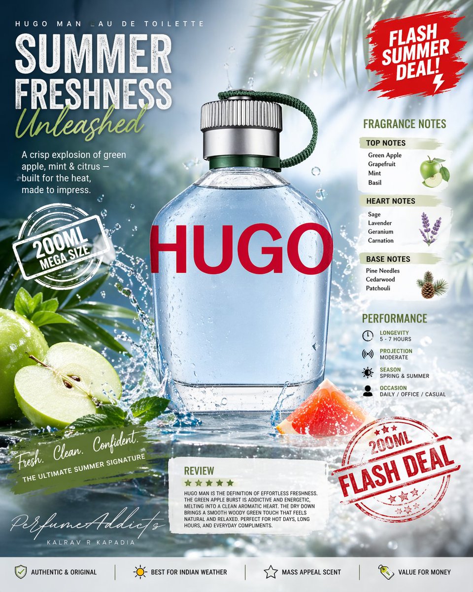 kalravkapadia's tweet image. PerfumeAddicts Exclusive Deal:

200ML + Summer + This Freshness = NO BRAINER.

Stock won’t last. This one flies. 🏃‍♂️💨

Hugo Boss Man Pour Homme for men from Hugo Boss 200ml for 5450. #fresh #clean #woody #Green #masculine 

Green apple freshness that hits different💚💚💚

Crisp.