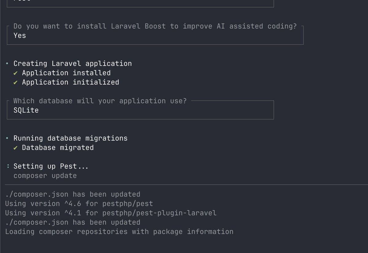 PovilasKorop's tweet photo. New UI in Laravel Installer 5.26.

Now when you run "laravel new", UI is a bit different, using Laravel Prompts new `task()` feature.

More details in PR by @joetannenbaum https://t.co/cNZHff2hwZ https://t.co/8KEwBBQSSp