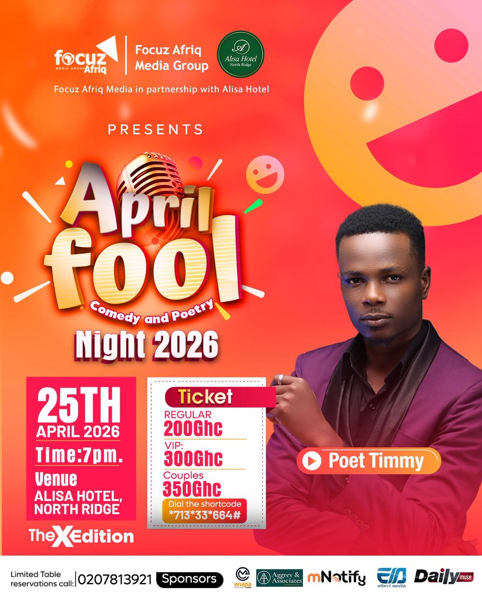 Comedy lovers, this is your moment 😂 Lock in your seat now via *713*33*664# #AprilFoolNight26 #AlisaHotel