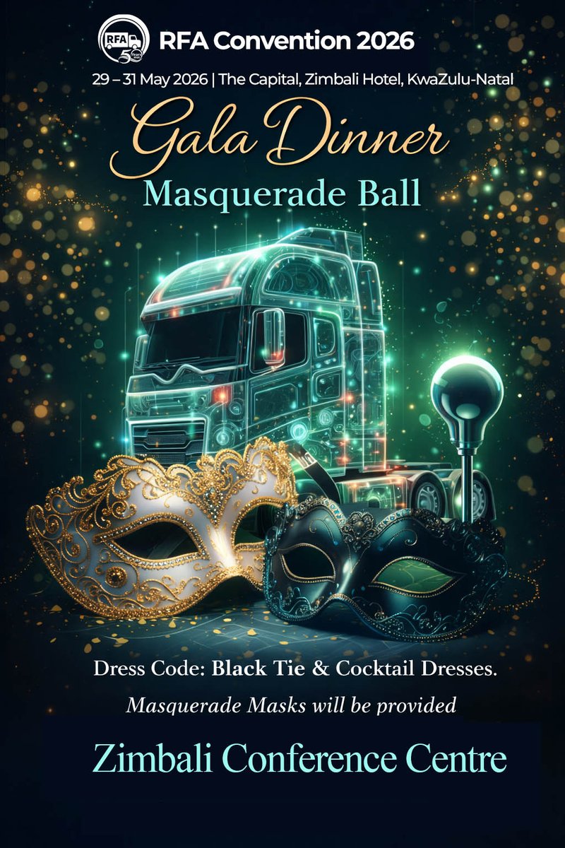 RoadFreightSA's tweet photo. Step into elegance and mystery at the RFA Convention 2026 Gala Dinner Masquerade Ball—where black tie meets intrigue, and every mask tells a story. ✨🎭 https://t.co/e2Vzh3UuFB