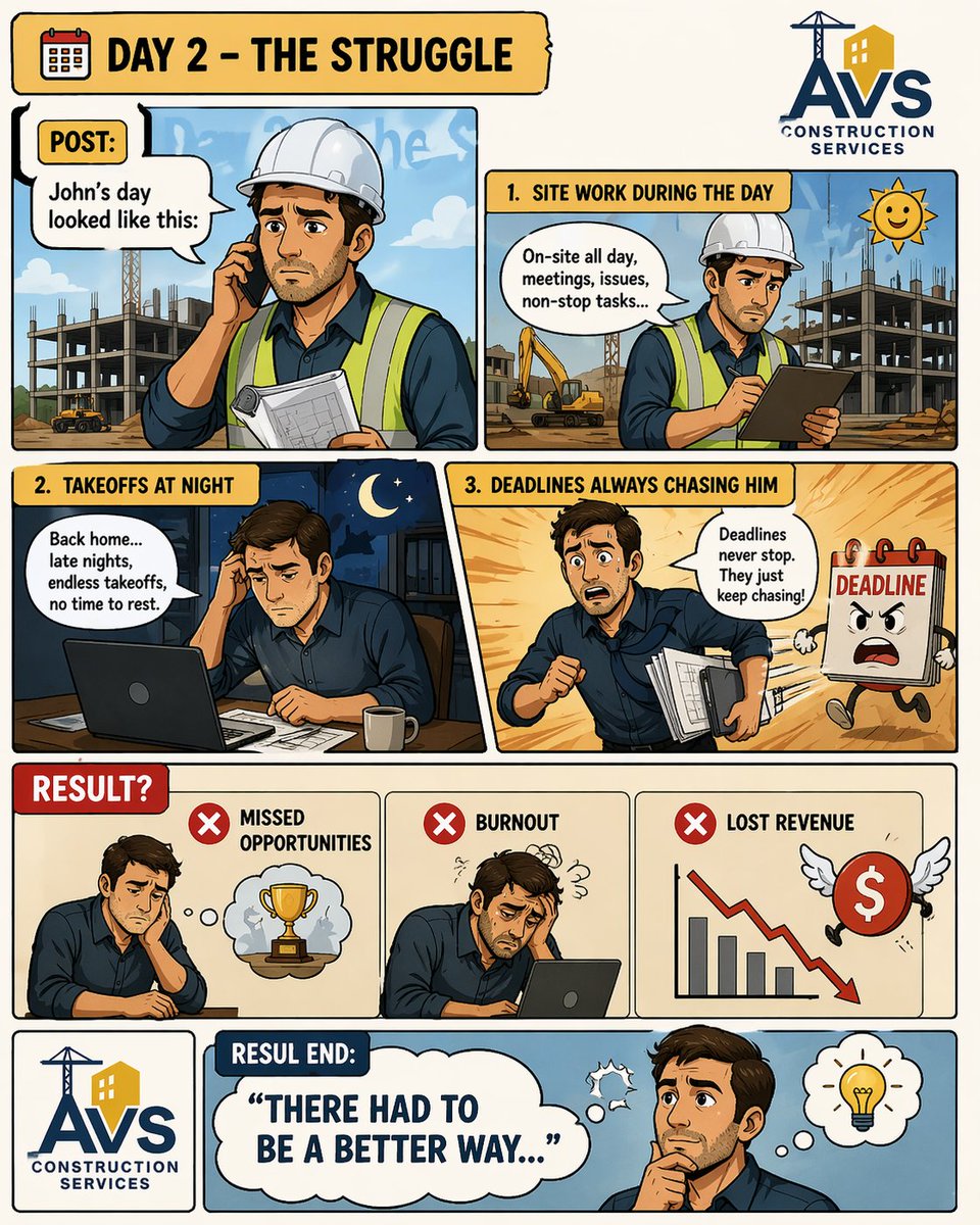 AVSServices's tweet photo. Day 2 – The Struggle 💼

Site all day. Takeoffs all night.
Deadlines never stop ⏳
Result? Burnout, missed opportunities &amp; lost revenue ❌

There has to be a better way…
👉 Stay tuned 👀

#Construction #Contractors #Estimating #Takeoffs https://t.co/D9LGZpNiwl