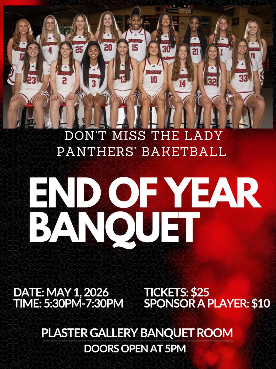 DULadyPanthers's tweet photo. Our End of the Year Banquet is right around the corner!
Don’t miss the chance to come celebrate an amazing season with us ❤️🐾 #DruryWBB 

https://t.co/BewqMCDUOM https://t.co/oTF4RKrqcd