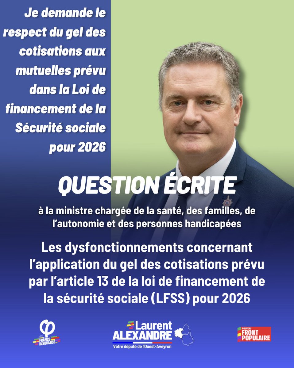 LauAlexandre12's tweet photo. 🔴 Je demande le respect du gel des cotisations aux mutuelles prévu dans la loi de financement de la sécurité sociale pour 2026

🧐 L’article 13 de la LFSS prévoit un gel des cotisations des adhérents, effectif à partir du 1er janvier 2026, avec pour objectif d’éviter de faire peser la contribution exceptionnelle de 2,05% demandée aux organismes complémentaires d’assurance maladie sur leurs assurés.

Pourtant, j’ai été alerté par de nombreux citoyens de difficultés dans l’application du gel des cotisations prévu par l’article 13 de la LFSS. Certains adhérents ont vu, depuis début 2026, leurs tarifs augmenter, au mépris de ces dispositions.

Protéger les assurés est pourtant essentiel pour le pouvoir d’achat des citoyens face à la hausse des prix du carburant et à la hausse généralisée des prix, notamment en milieu rural où l’usage de la voiture est indispensable à la vie de tous les jours.

Les organismes repoussent la mise en place du gel des cotisations au motif que des négociations, prévues par l’article 13, sont en cours avec le gouvernement. Elles ont pour objet d'étudier les modalités de non-répercussion de cette contribution exceptionnelle sur les assurés, et sont distinctes du gel des cotisations, qui lui doit s'appliquer dès le 1er janvier 2026.

✊ Alors, pour m'assurer de l'application effective de la loi, j’ai demandé au gouvernement :

1) de confirmer que le gel des cotisations prévu dans l’article 13 de la LFSS est bien effectif depuis le 1er janvier 2026.

2) un retour sur les négociations, notamment pour confirmer que ces négociations sont bien distinctes de l’obligation de gel du montant des cotisations.

3) De contrôler et surtout de renforcer la protection des citoyens face aux manquements dans l’application de l’obligation de gel des tarifs. Je souhaite connaître les moyens prévus par le gouvernement pour faire appliquer la loi et pour appuyer efficacement les citoyens dans leurs demandes de remboursement en cas de trop perçu par les organismes complémentaires d’assurance maladie.

👉 Retrouvez ma question écrite au gouvernement: https://t.co/t0QimfI9gQ
