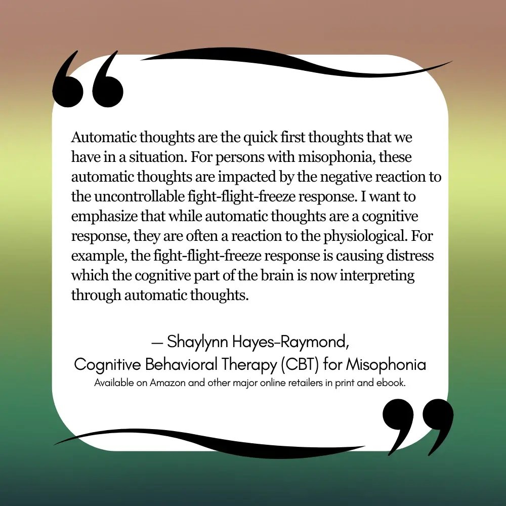 MisophoniaInt's tweet image. Cognitive Behavioral Therapy (CBT) for Misophonia is available now- get your copy in #ebook or #print from your favourite #book retailer here: misophoniacbt.com (or 🔗🌲) #CBT #Misophonia #cognitivebehavioraltherapy #therapistresources