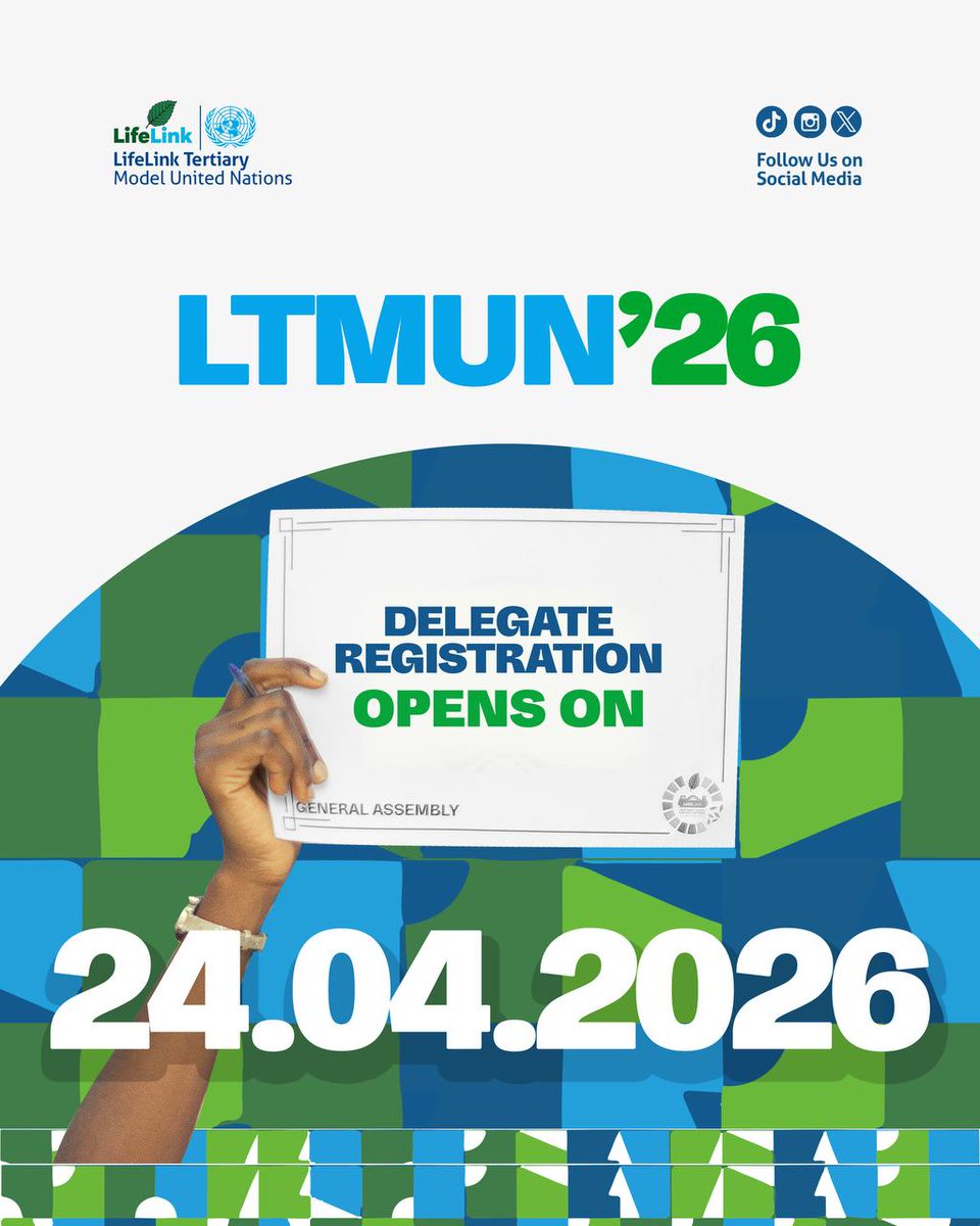 LifeLinkGhana's tweet photo. LTMUN 2026 is officially opening its doors for a new cohort of delegates this Friday 24th April 2026.

Whether you're a seasoned diplomat or a first timer, the General Assembly is waiting for your voice. It’s time to draft the future. 📝💼
Mark your calendars and get ready🚀 https://t.co/kAYt1bgAZr