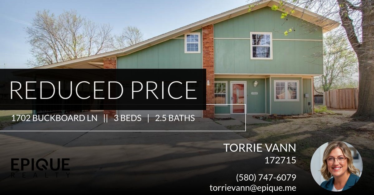 RealtorTorrie's tweet photo. 📍 Reduced Price 📍 This recently reduced home at 1702 Buckboard Ln in Enid won't last long, so, don't wait to set up a showing! Reach out here or at (580) 747-6079 for more information!

Torrie Vann
REALTOR®, CRS
Epique Realty https://t.co/pahjDBfLJ5 https://t.co/QO4q5qJu4V