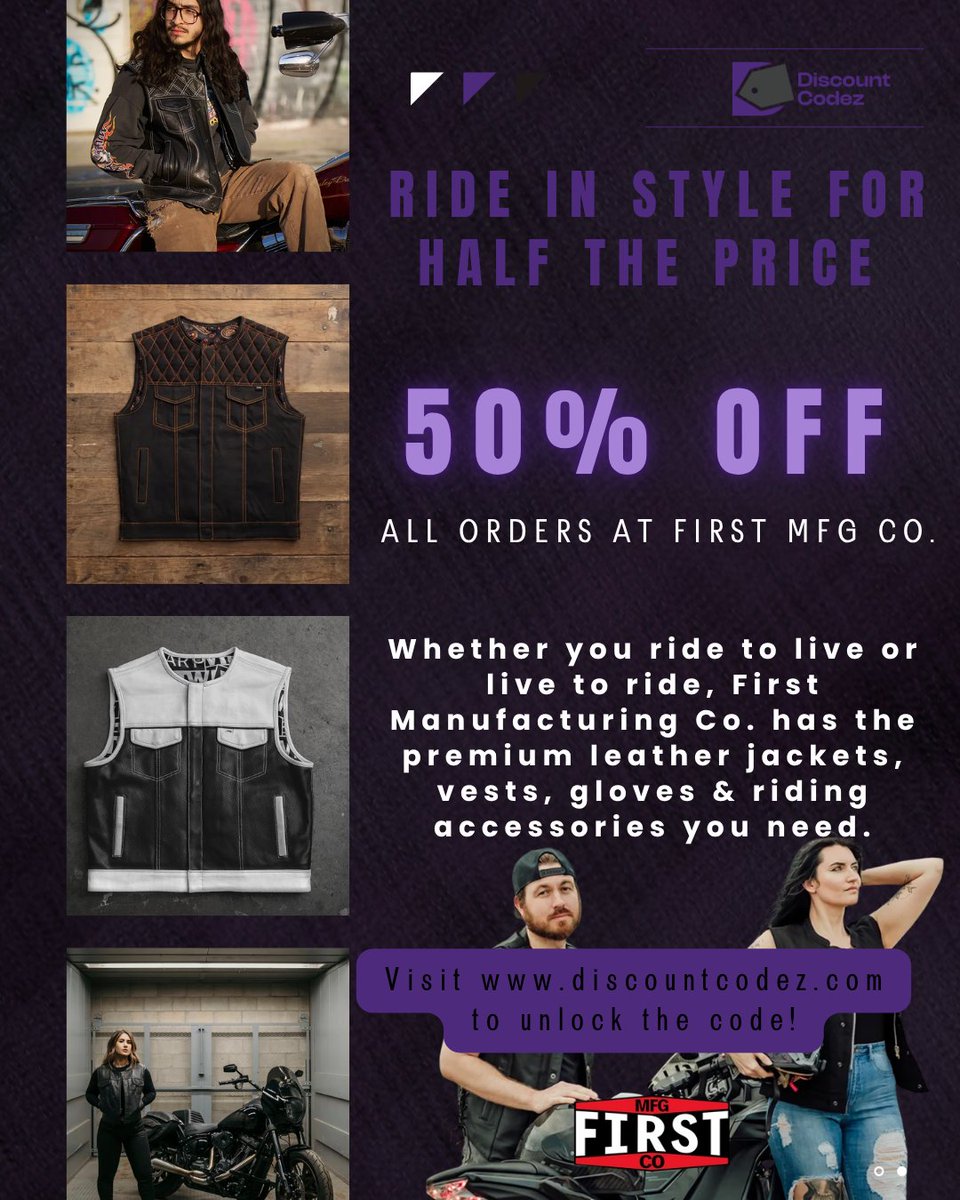 discount_codez's tweet photo. Visit https://t.co/agwvQze2Lb to unlock 50% OFF on all orders at First Manufacturing Co. !🏍️
#FirstMFGCo #MotorcycleGear #LeatherJacket #CouponCode #discountcodez https://t.co/aIDTYwf5fY