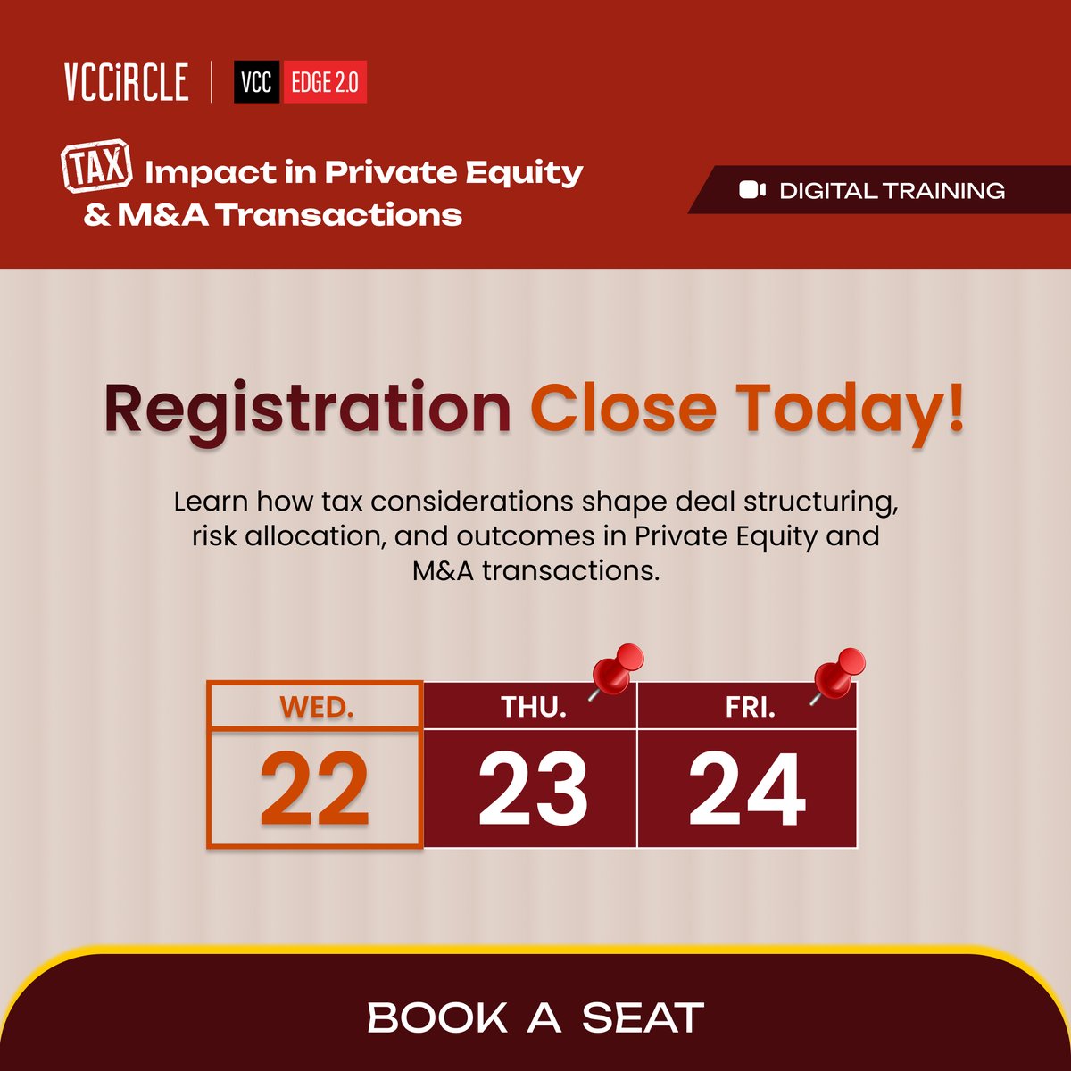 vccircle's tweet photo. Tax is not just a compliance layer — it directly shapes how deals are structured, negotiated, and executed. Build a sharper understanding of how tax influences private equity and M&A transactions, from entry to exit.

Join the VCCircle Tax Impact in Private Equity & M&A Transactions training and gain practical insights that go beyond theory.

Registrations close today.

📅 23 to 24 April 2026 | Digital Training
Book your seat: https://t.co/s0hZwctp9U

#TaxStrategy #PrivateEquity #MergersAcquisitions #DealStructuring #FinanceProfessionals