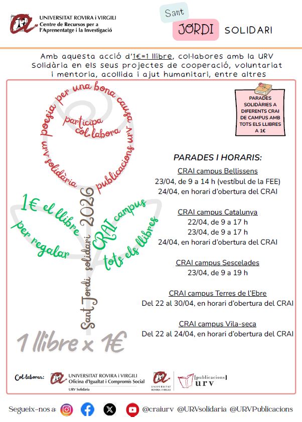 craiURV's tweet photo. 📚 Avui comencem a escalfar motors per Sant Jordi! 🌹

Venda de llibres solidaris a 1€ als CRAI de campus. Una oportunitat per fer-te amb una bona lectura i de pas, fer un gest solidari!

Demà us esperem amb tota la il·lusió per la gran diada! 🎉

#SantJordi2026 https://t.co/PeeGrSQ3VY