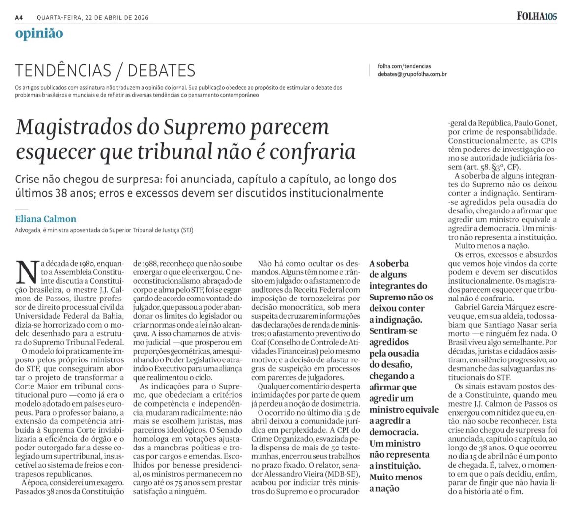 Artigo da ex-presidente do CNJ, Eliana Calmon, detalha o que temos dito há tempos. Os problemas do STF têm  origem no seu desenho institucional pelos constituintes de 1988 e dificilmente poderão ser sanados sem uma reforma completa da constituição. Vale a leitura.
