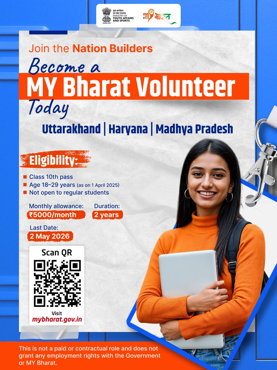 Step into a meaningful journey with MY Bharat and contribute to change at the grassroots. Open for youth in Uttarakhand, Haryana and Madhya Pradesh.

Registrations are now open. Apply by scanning the QR code or visit: mybharat.gov.in/pages/ny_corps…

#MYBharat