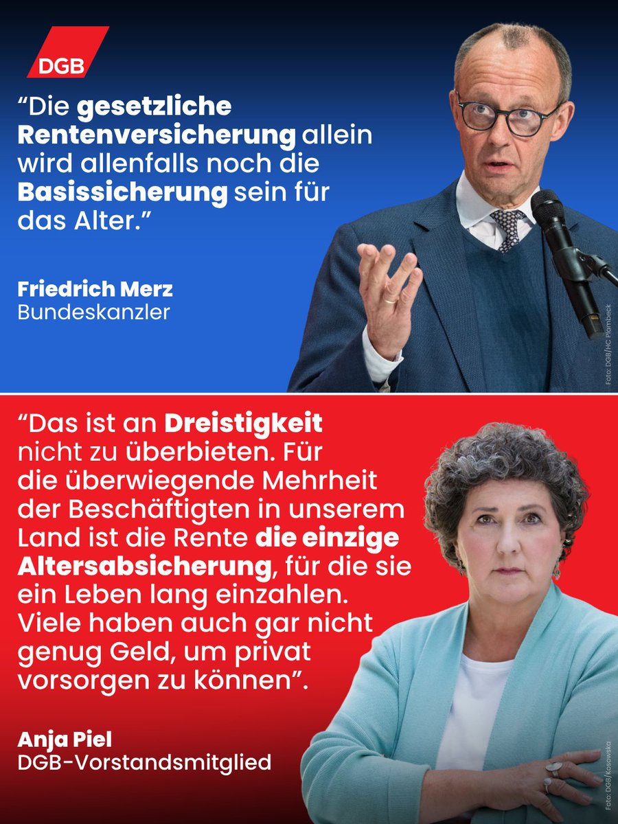 dgb_news's tweet photo. „Merz muss sich fragen lassen, für wen er eigentlich Politik macht –  für das Kapital oder für die Mehrzahl der Arbeitnehmer*innen“, sagt  unser Vorstandsmitglied @Anja_Piel.

„Die Menschen brauchen keine  teuren und garantiefreien privaten Versicherungen, an denen sich die  Anbieter eine goldene Nase verdienen. Sie brauchen Verlässlichkeit,  Solidarität und Sicherheit, wie sie nur die Gesetzliche  Rentenversicherung bieten kann. Dafür muss die Bundesregierung den  Rahmen setzen.“ #StoppKahlschlag
