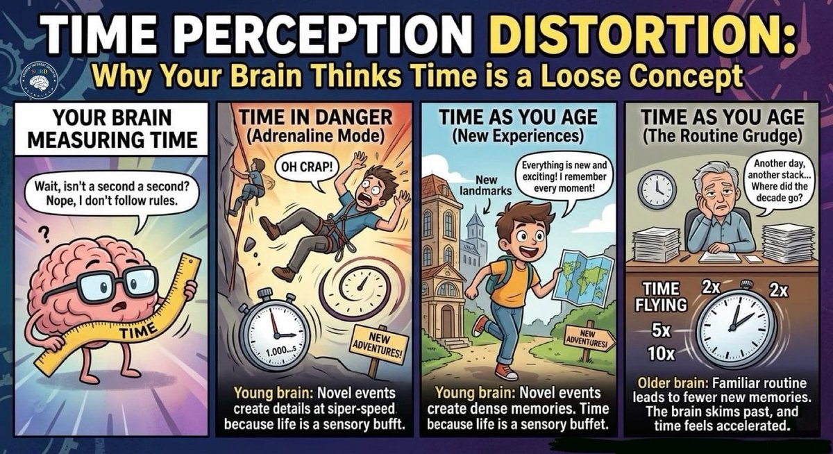 SIGNSGRD's tweet photo. ⏳ Time Isn’t Real (At Least, Not in Your Brain)

Ever notice how a scary moment feels slow motion… but years seem to fly by? That’s not just in your head—it’s because of your head.

🧠 Your brain doesn’t measure time like a clock. It measures experience.

⚡ In dangerous situations:
Your brain goes into high-alert mode, processing more details per second. The result? Time feels like it slows down.

🎢 As you get older:
Fewer things are new. Your brain records less “fresh” information, so time feels like it’s speeding up.

📸 Think of it like this:
Childhood = a highlight reel full of new scenes.
Adulthood = fewer snapshots, more repetition.

💡 The takeaway:
If you want life to feel longer… do more things that are new, challenging, and memorable.

Because time doesn’t just pass—
it’s something your brain creates.