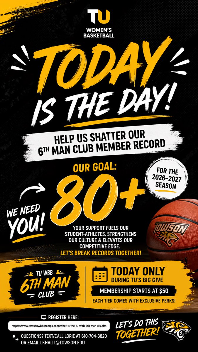 Lorie_Khalil's tweet photo. We need you TODAY. Help Towson WBB hit 80+ members in our 6th Man Club. Every gift matters. Join us: https://t.co/0hZYU1AZnT 🐯🏀 https://t.co/BNf8YfpqIm