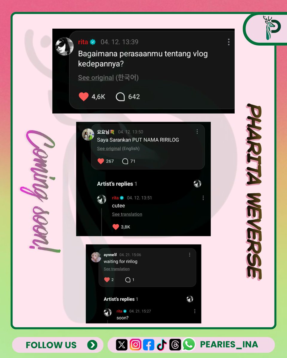 [ℹ️] #PHARITA vlog 'ririlog' coming soon!
 
Ada yang bisa tebak isinya bakal kayak gimana?
'A day in my life' atau video random aja? 🤔👀🤷🏻‍♀️
 
—————
#파리타 #BABYMONSTER