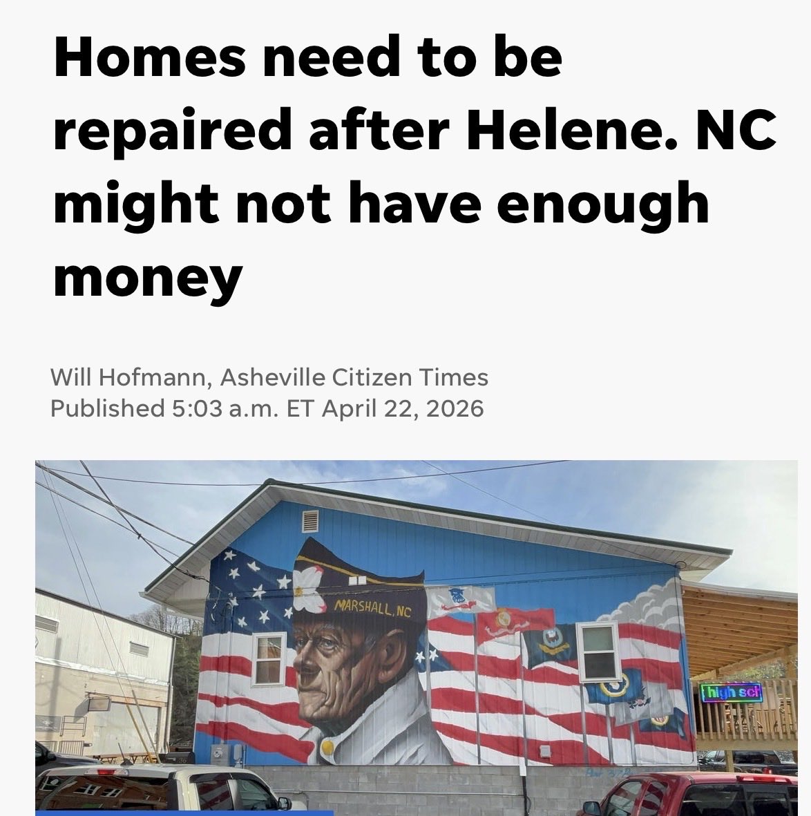 From today’s Asheville Citizen-Times:

“With total damages in the region estimated at around $60 billion, the federal government, including the Federal Emergency Management Agency and Congress, has only sent roughly $7 billion to the state for Helene Recovery.”

Under the