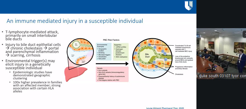 Duke_GI_'s tweet image. ⭐️Another strong week of Duke GI Grand Rounds: Dr. Daniel Bernstein presenting "Itching to Know: What's New in PBC?".  Covering #PBC pathogenesis, diagnosis, progression, treatment, a case study &amp;amp; more. Live &amp;amp; via Zoom happening now!  
#GrandRounds #GITwitter #cholangitis #PBC