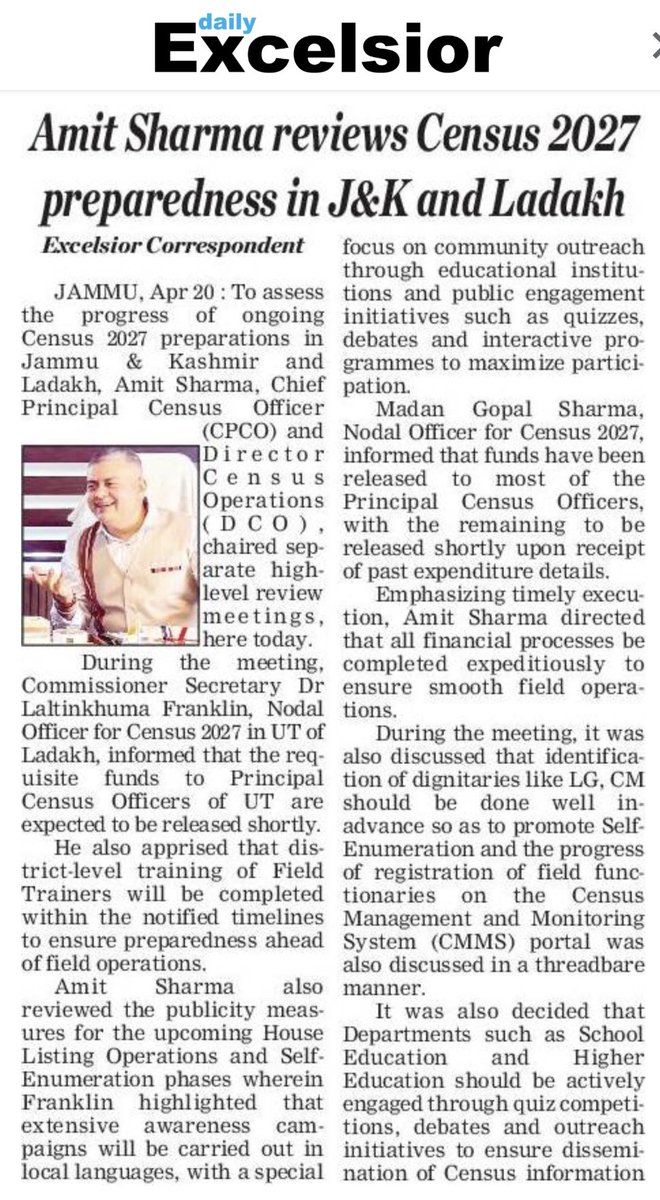 amit1kas's tweet image. This week, an imp Census 2027 preparedness review meeting was held with the Union Territories of J&amp;amp;K and Ladakh, and a roadmap for the upcoming HLO and PE phases was finalized…Jai Hind 🇮🇳
#Census #review #jk #ladakh