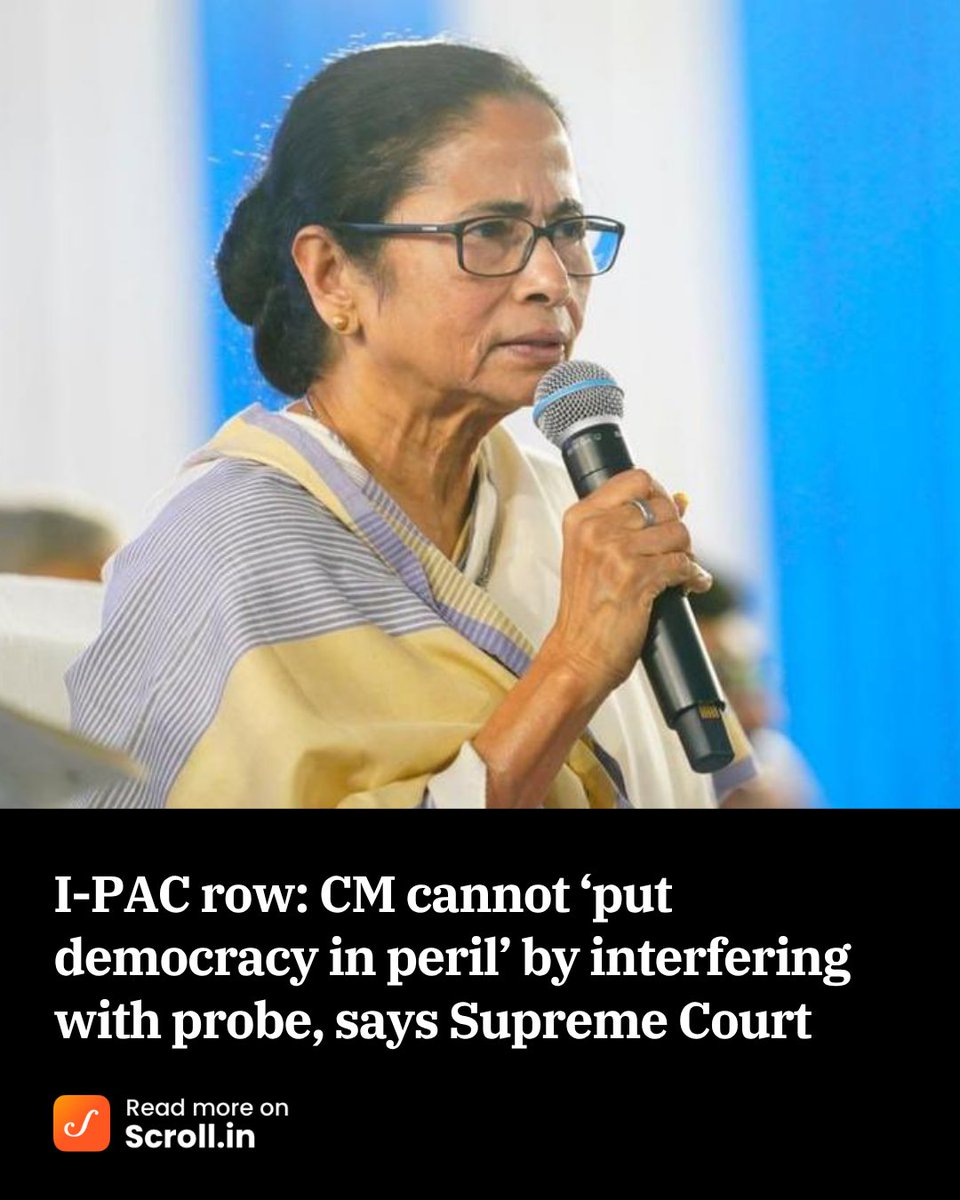 scroll_in's tweet image. This is not a dispute between the state and the Centre, said the bench hearing a plea filed by the ED alleging that #MamataBanerjee had obstructed its searches.

Read more: scroll.in/latest/1092300…