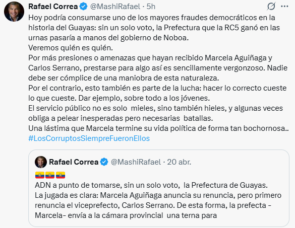 EcEnDirecto's tweet image. #ATENCIÓN 
El expresidente @MashiRafael manifestó que este miércoles, 22 de abril, se consumaría "uno de los mayores fraudes democráticos en la historia de la provincia del #Guayas. Esto, respecto a que hoy el Consejo Provincial elegirá al nuevo Viceprefecto, en una terna que la