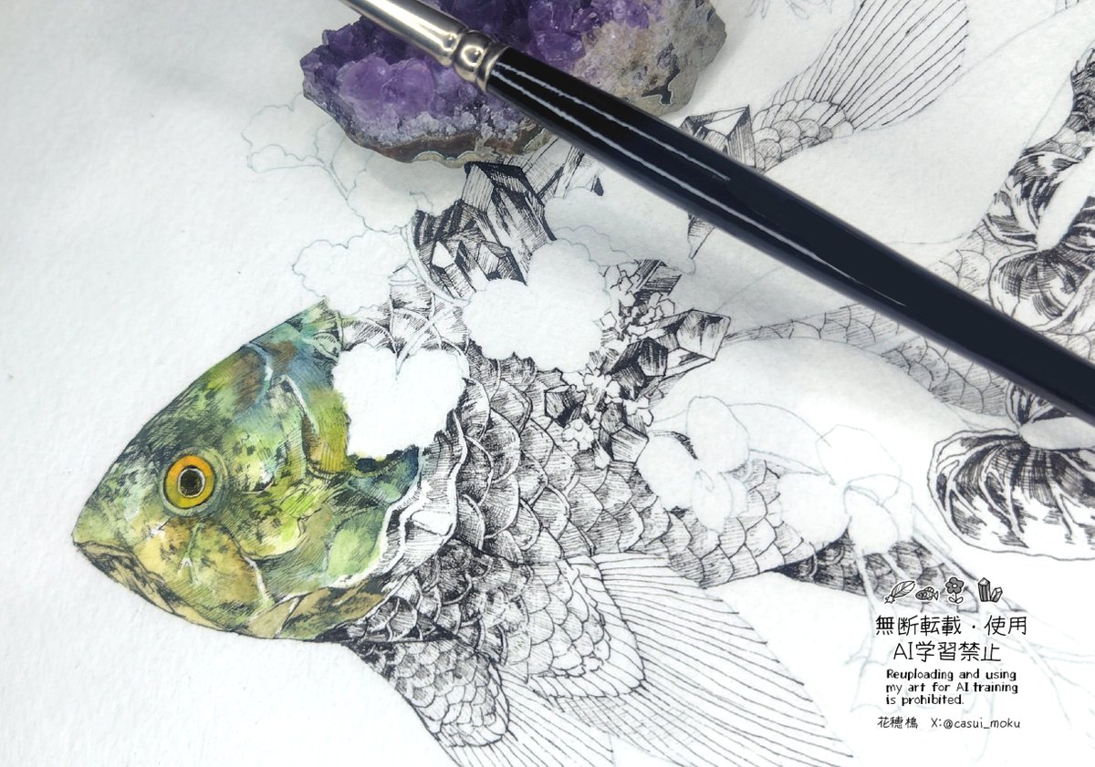 今日から着彩
硬めの質感を表現したいのでもうちょっと絵の具を重ねます！