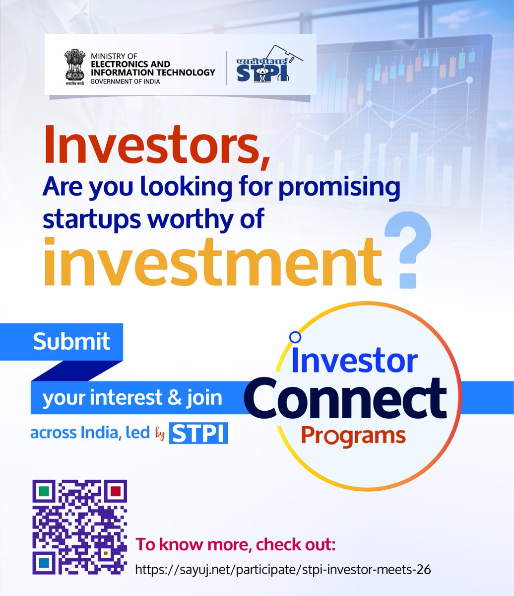 stpiindia's tweet photo. Investors, 
Get a chance to invest in the top startups of the industry by submitting your interest and stepping into an exclusive league of Investor Connect Programs across India, powered by STPI.

This is your chance to discover the most promising innovators from the STPI startup ecosystem shaping the future of technology, innovation and entrepreneurship. 

Investor Value Proposition:
→ Curated, investment-ready startups
→ Pan-India access across 24+ innovation hubs
→ AI-enabled investor-startup matchmaking
→ Direct founder access, no intermediaries

A proven innovation pipeline of the STPI CoE startup ecosystem:
🔹 2,000+ NextGen startups
🔹 ₹1,100+ Cr funding raised
🔹 ₹2,100+ Cr revenue generated
🔹 2,700+ products, 2,100 prototypes
🔹 1,600+ IPs filed

👉 Submit your investor profile now:
https://t.co/RnNZl987jk

#Startups #STPIINDIA #AI #Innovation #Investors #InvestorConnect #entrepreneurship #IT #Technology #Tech #IP #DigitalIndia

@GoI_MeitY @AshwiniVaishnaw @JitinPrasada @SecretaryMEITY @arvindtw @_DigitalIndia @NeGD_GoI @startupindia @stpisayuj @MCatsIndia @biorxivpreprint @ianetwork @shecapital @YourNestVC @TiEDelhi @TiEVizag @SucSEED_IN @ipventures_in @sharktankindia @Padup_Ventures