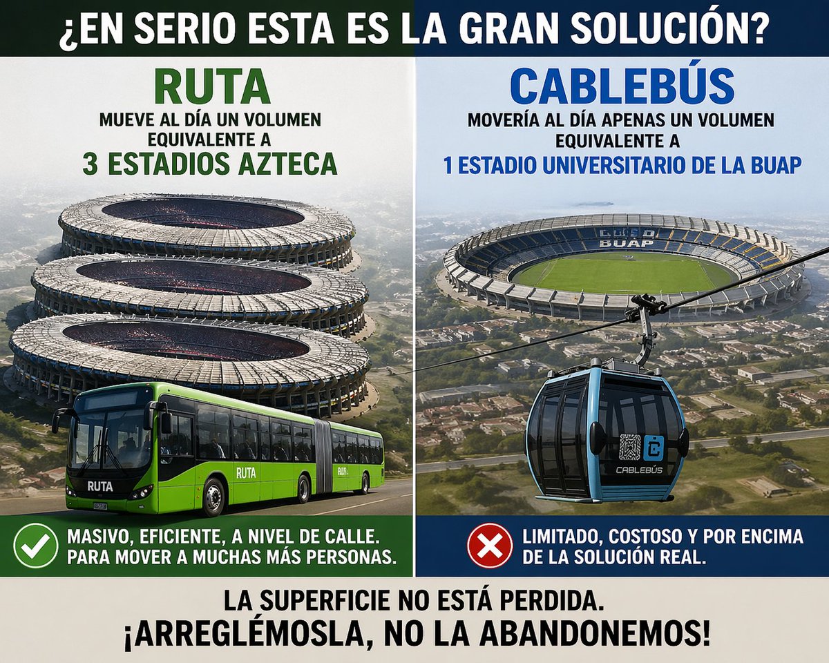 Cada vez que <a href="/JLG_PARRA/">José Luis García Parra</a> insista en comparar RUTA con el cablebus, necesitamos recordarles la diferencia en la capacidad.

RUTA mueve más de 3 estadios azteca al día. El cablebus apenas un estadio de la BUAP  (si bien le va).