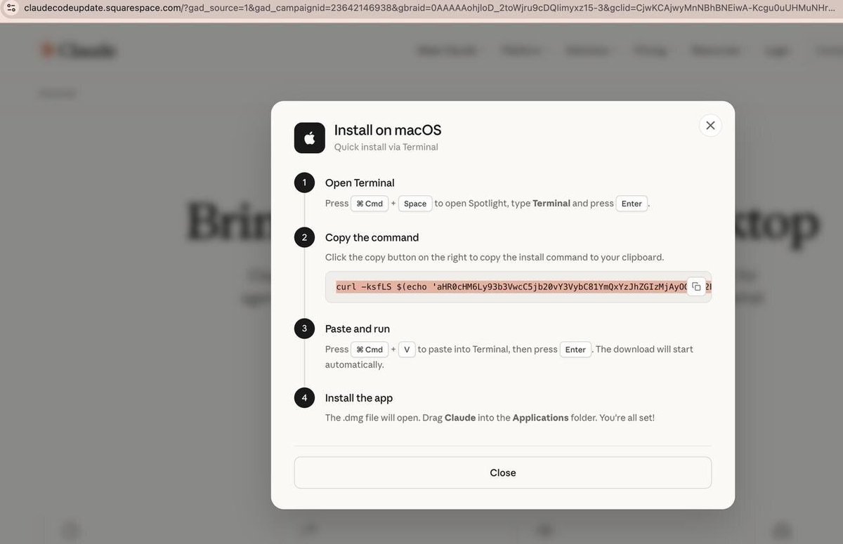 SOU_BTC's tweet image. 🚨【超注意】Claude Codeを検索するmacOSユーザーを狙ったマルウェア攻撃が発見される

- SEOポイズニングを使って偽のインストールページへ誘導し、仮想通貨ウォレットの認証情報を盗み、端末への遠隔アクセスを奪う仕組み