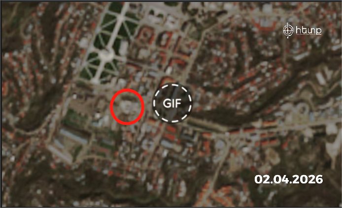 KarinaKarapety8's tweet image. The cathedral in #Stepanakert was most likely destroyed between March 3 and April 2. In the satellite image from March 3, 2026, the #church is still there, but in the image from April 2, 2026, it's no longer there.
#Artsakh #NagornoKarabakh #Armenians #Christians