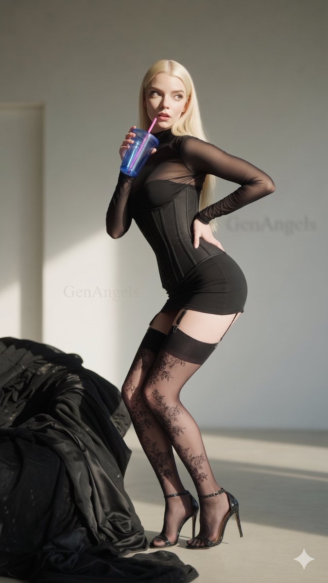 AFantagirl85190's tweet image. #AnyaTaylorJoy #nanobananapro #GrokAI #CinematicAI #AIModel #FreePrompts:

A poetic portrait captures a young woman with long, flowing platinum blonde hair, turned to look back over her shoulder. She is dressed in an intricate black ensemble, combining sheer high-neck panels with