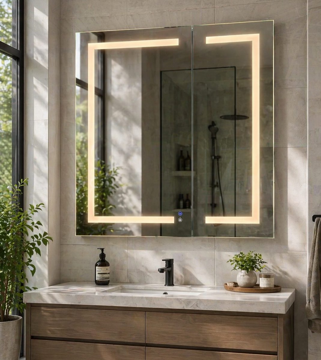 SofiaCabinets's tweet image. Designed for modern #bathrooms that value both performance and aesthetics. Shown is our popular #Valentina Collection of integrated #LED medicine #cabinets in a #frameless double door with interior #lighting. Off-center split ensures door seam is out of direct line of sight.