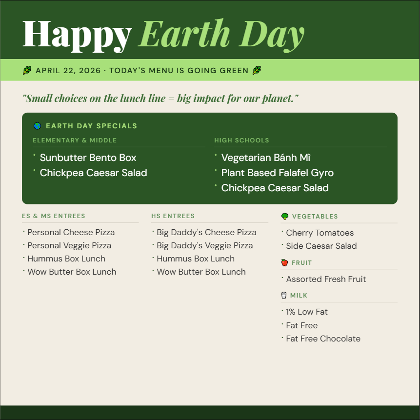 APSlunchrocks's tweet photo. Did you know reducing food waste &amp; plant-rich diets are the TOP 2 climate solutions? 🌎 Today we're celebrating Earth Day the best way we know how, with a menu full of plant-forward options across all 36 schools! 🥙🥗 #EarthDay #APSFoodServices https://t.co/sIe0EcaIHC