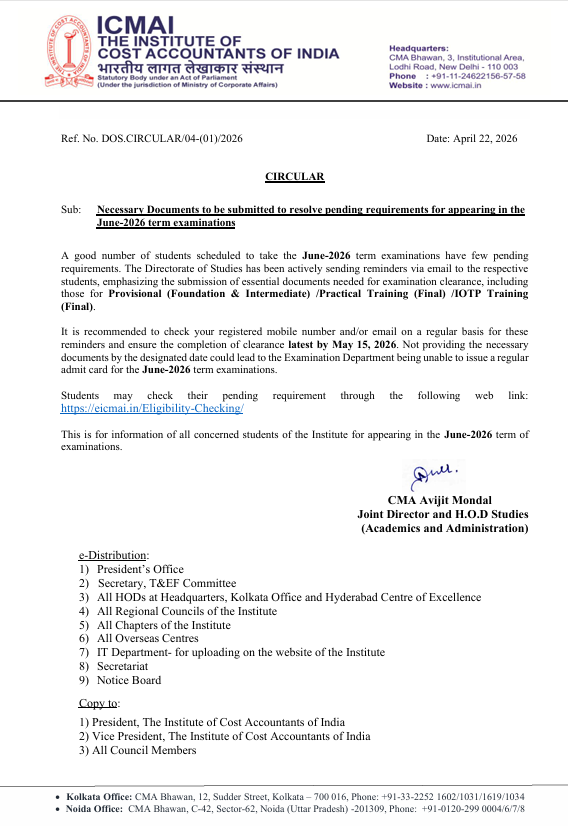 navneetic's tweet photo. @ICMAICMA 
#cmaexam #cmaexamination #cmastudents #ICMAI
Kind Attention CMA -Students 
Necessary Documents to be submitted to resolve pending requirements for appearing in the  June-2026 term examinations
CMA students need to keep checking the mobile/email on regular basis https://t.co/oEoSVze5PS