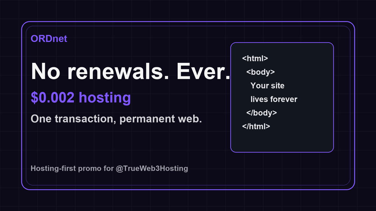 TrueWeb3Hosting's tweet image. Hosting should not reset your ownership every billing cycle. With ORDnet you can put HTML on-chain from about $0.002 once and keep the site tied to your wallet, not a landlord. hello.ordnet.io #ORDnet #WebHosting #BSV #OwnYourSite