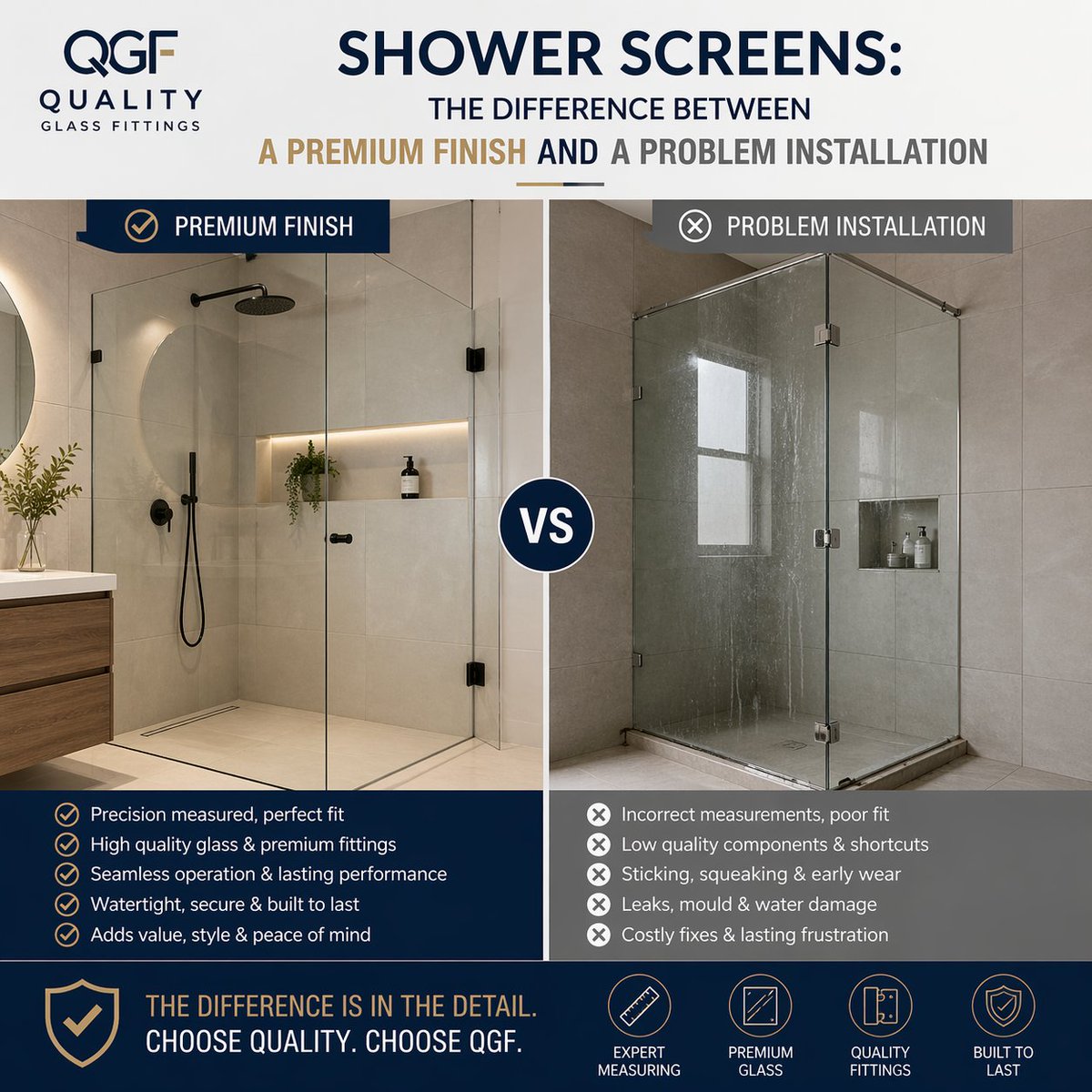 QGFittings's tweet image. A shower screen is only as good as its fittings.

Hinges, seals and brackets decide whether it performs—or causes problems.

#BathroomDesign #Glazing #QualityMatters
