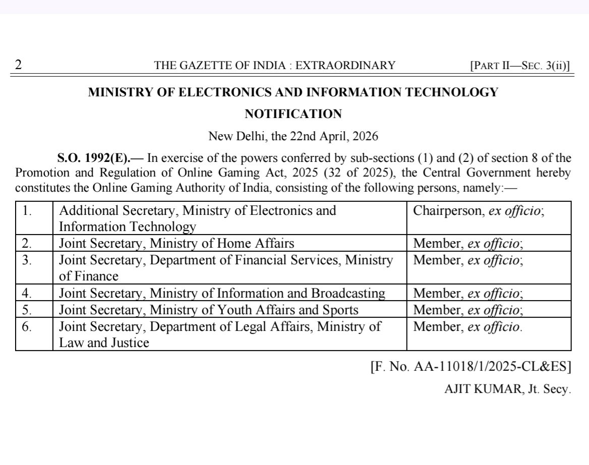 The Promotion and Regulation of Online Gaming Act 2025 (32 of 2025) will come into effect from May 1, 2026
Central Government constitutes the Online Gaming Authority of India, consisting of the following persons, namely- Additional Secretary, Ministry of Electronics and