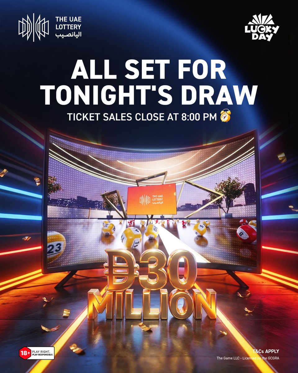 theuaelottery's tweet image. Wednesday draw night is almost here! 🎉
AED 30,000,000 is up for grabs tonight at 9:30 PM.

🗓 Draw Time: Wednesday, April 22 at 9:30 PM
⏳ Ticket sales close at 8:00 PM
👉 Get your tickets at theuaelottery.ae (link in bio)
#DareToImagine #TheUAELottery #LuckyDay
