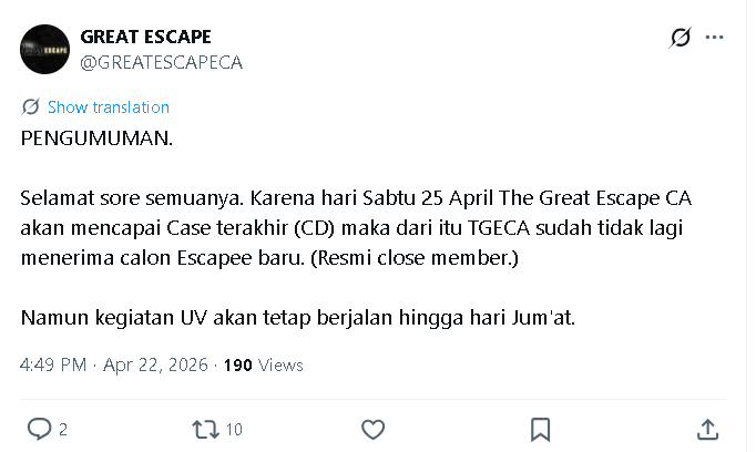 GREATESCAPECA's tweet photo. Hello, this is TGECA Ent. We'd like to announce about our closing event that will be held on Saturday, April 25th.

Our deepest gratitude for all the ESCAPEE for the past 2 weeks, as we are finally about to reach our FINAL CASE.

Please remain active until the end.

Regards,
TMM. https://t.co/FljMUQv5AI