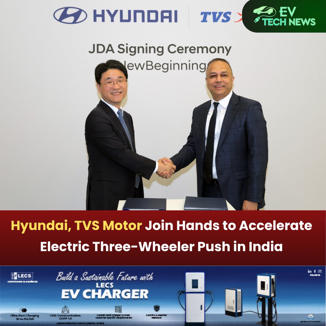 EVTechNews's tweet image. Hyundai Motor Company and TVS Motor Company have signed a JDA to co-develop and commercialise electric three-wheelers for India’s last-mile mobility—boosting sustainable urban transport.

𝐑𝐞𝐚𝐝 𝐌𝐨𝐫𝐞:  evtechnews.in/hyundai-tvs-mo…

 #SustainableMobility #Hyundai #TVSMotor