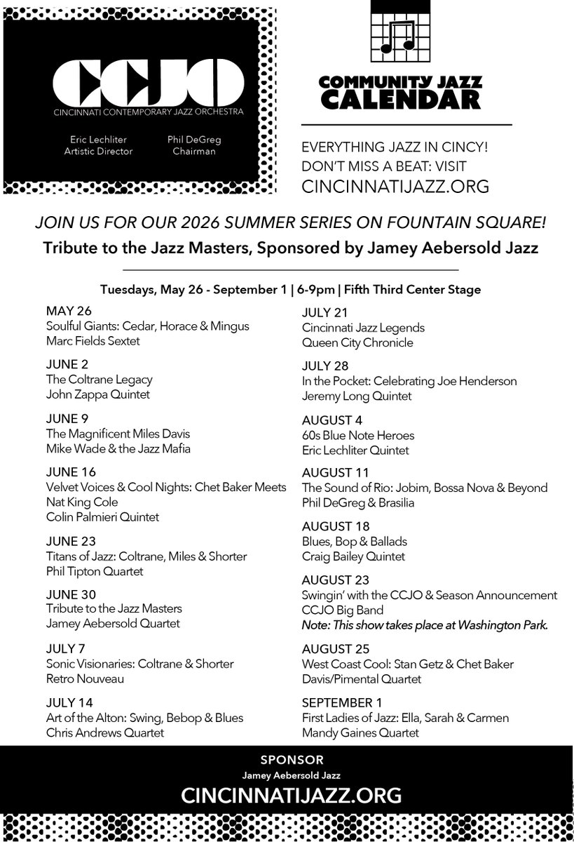 🎷 The CCJO is back on Fountain Square for Jazz at the Square 2026: Tribute to the Jazz Masters 

📅 Tuesdays, May 26 – September 1
⏰ 6–9 PM
📍 Fifth Third Center Stage, Fountain Square
🎟️ FREE