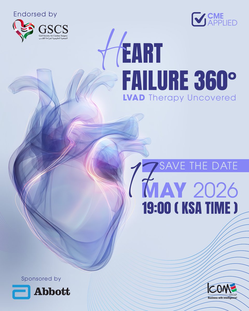 GSCSurgery's tweet photo. Heart Failure 360°: LVAD Therapy Uncovered
Join us for an expert-led session exploring the evolving landscape of #LVAD therapy, highlighting the latest evidence, clinical experience, and practical execution in advanced #heartfailure management.

Register: https://t.co/riGO3JHRCt https://t.co/7l70IRA88r
