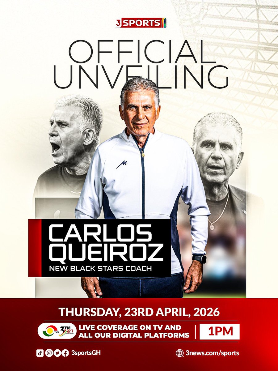 New Black Stars Coach Carlos Quieroz will speak to the media for the first time on Thursday.   

Tune in at 1PM tomorrow afternoon. 

#3Sports #TV3GH