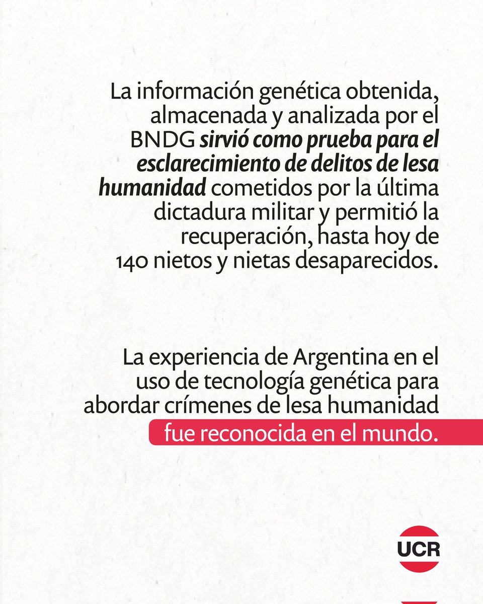 UCRNacional's tweet photo. Hace 40 años, la Argentina tomó una decisión histórica: construir verdad con memoria y ciencia 🇦🇷

El impulso de Raúl Alfonsín permitió la creación del Banco Nacional de Datos Genéticos, una herramienta clave para buscar, identificar y restituir identidades. https://t.co/PzPNjX2J3y