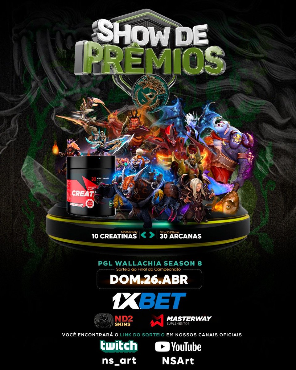 GIGA SORTEIO PGL WALLACHIA S8! 🎁

Pacotão de Sorteios para os viwers da nossa stream, o sorteio termina na final do campeonato. 

🔥 30 Arcanas da NinjaD2Store!
💪 10 Creatinas da MasterWay!

➞ Participe: gleam.io/gvNU9/pgl-wall… 

by <a href="/1xBet_Esports/">1xBet Esports</a>
#Dota2 #sorteio #giveaways