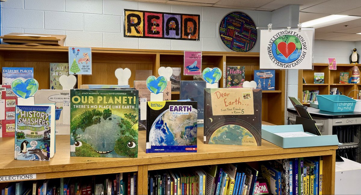 LoriTecler's tweet image. Happy Earth Day! We’re celebrating in the media center with some amazing books by favorite authors like @KateMessner, @ErinDealey &amp;amp; @stacymcanulty &amp;amp; a collaborative coloring poster from @Novel_Effect. #SchoolLibrary #kidlit