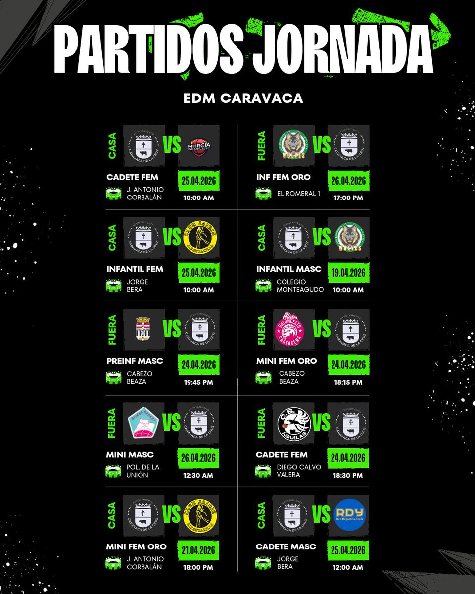 ESCMBCaravaca's tweet photo. 🏀 Horarios de los partidos de los equipos de la Escuela Municipal de baloncesto de Caravaca de la Cruz 

#SomosEquipo #BaloncestoCaravaca https://t.co/41VHF3wzEQ