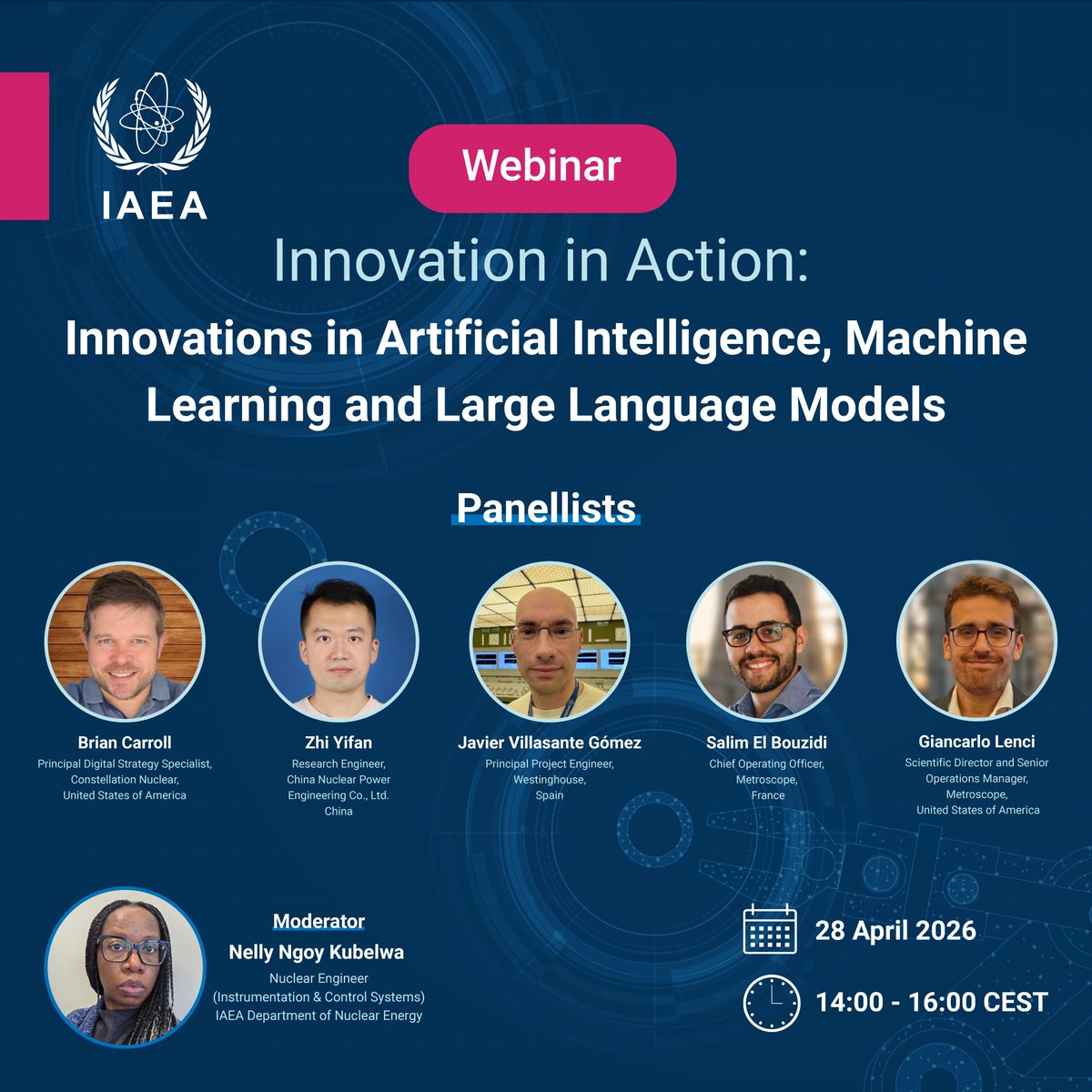 IAEANE's tweet image. Coming up next! ⏭️

Don't miss an #IAEA webinar on Innovations in AI, Machine Learning and Large Language Models 💻🖱️

This session will highlight innovative use cases from the ISOP Innovation Awards, focusing on 2025 submissions and showcasing deployed applications in the