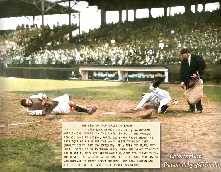 BSmile's tweet image. Today In 1931: “The King Of Swat Falls To Earth” ~ New York #Yankees legend Babe Ruth comes crashing into home plate to score a run vs. the Boston #RedSox at Fenway Park! #MLB #Baseball #History #RepBX